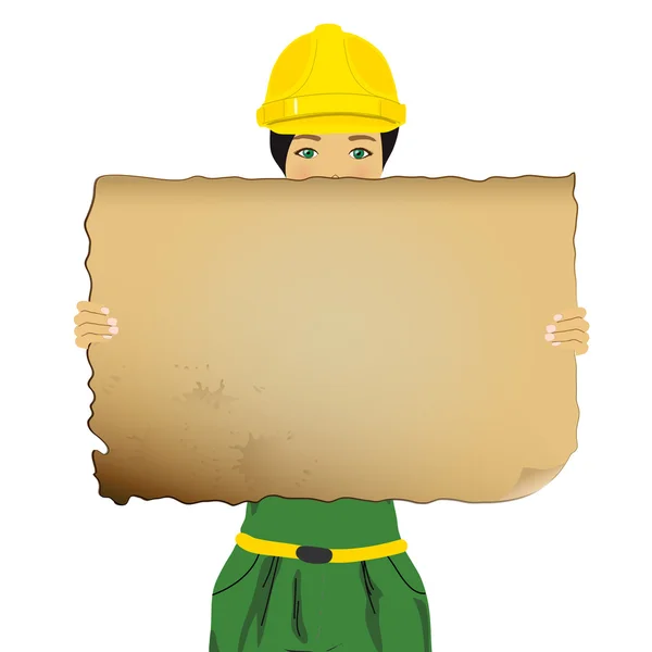 Constructeur femme tenant une planche vide — Image vectorielle