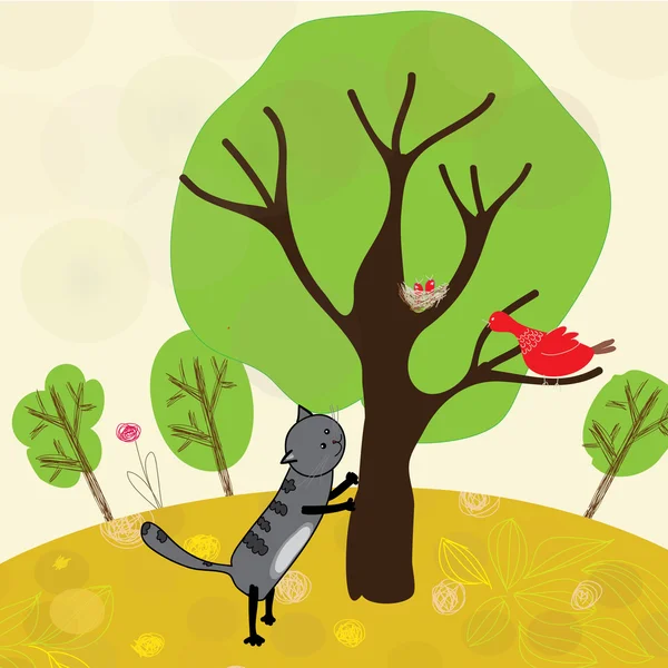 Tecknad bild, katt och fågel — Stock vektor