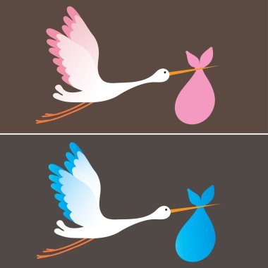 Stork delivering a newborn baby girl and boy clipart