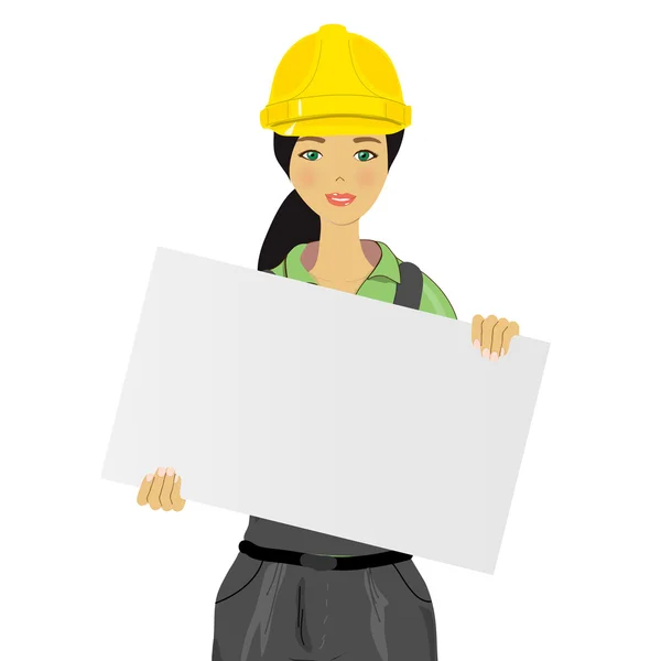 Žena pracovník drží bílou tabuli — Stockový vektor
