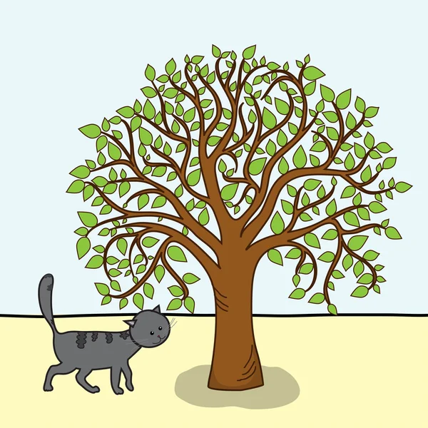 Árbol de dibujos animados y gato, vector — Vector de stock