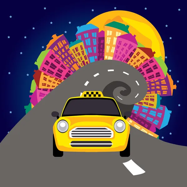 Ilustración vectorial de la vida nocturna y un taxi — Vector de stock
