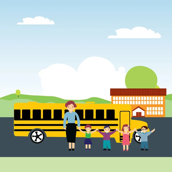 Vektorové ilustrace žáků a školní autobus — Stockový vektor