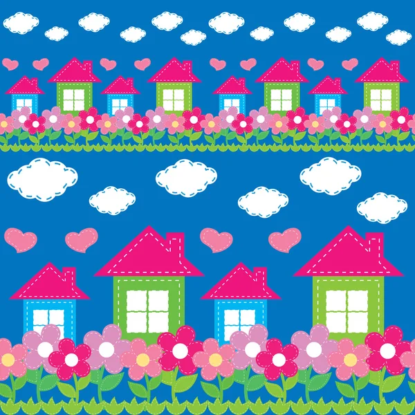 Nahtloses Muster des Hauses, Blumen, Wolken — Stockvektor