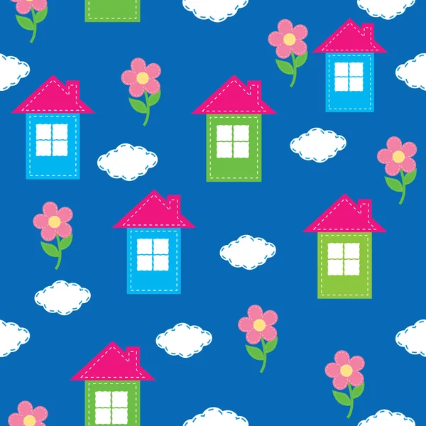 Seamless pattern of the house, flowers, clouds — Stock Vector