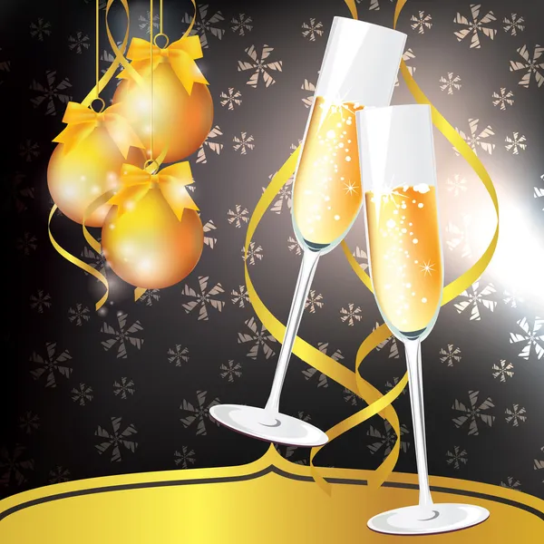 Glasses of champagne on an abstract background. New Year card. — Stock Vector