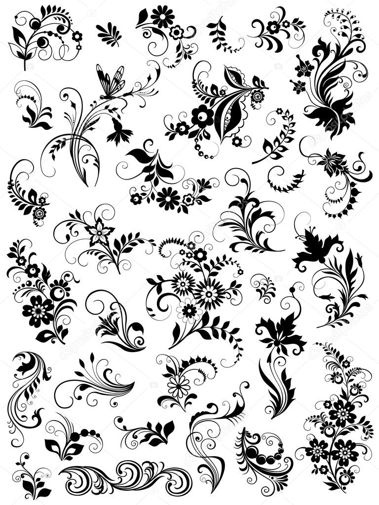 Set of graphic floral elements