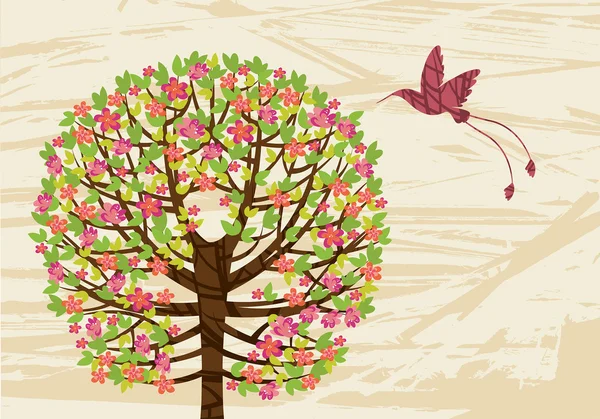 Flor árbol verde y colibrí — Vector de stock
