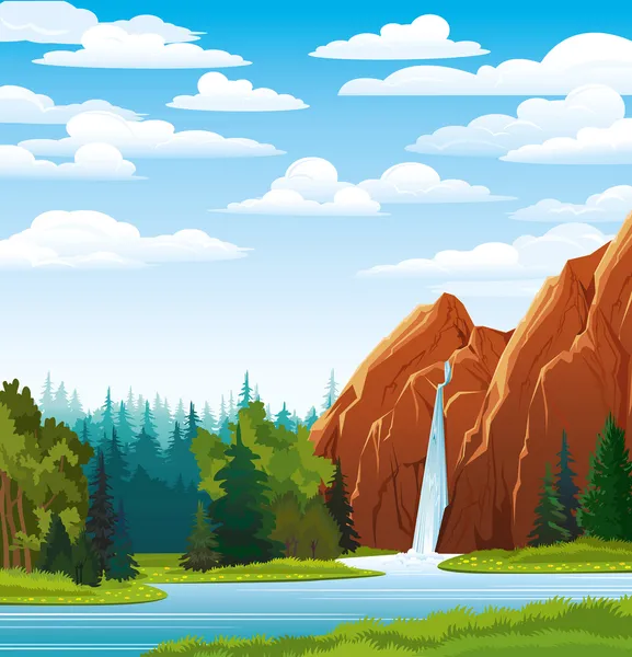 Paysage estival avec cascade, forêt et nuages — Image vectorielle