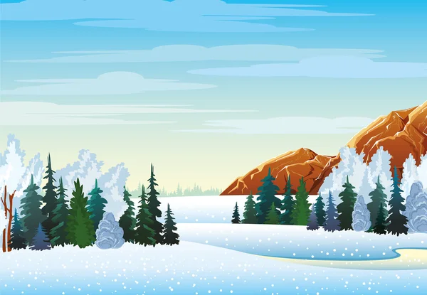 Зимний пейзаж с лесом и горами — стоковый вектор