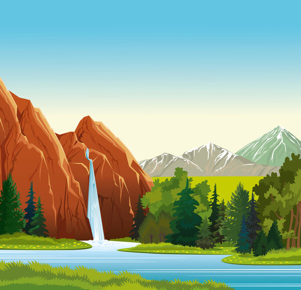 Summer landscape with waterfall, forest and mountains