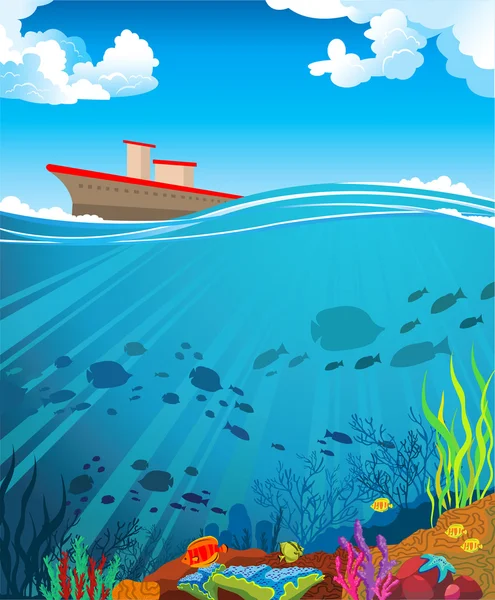 色のサンゴ礁と船 — ストックベクタ