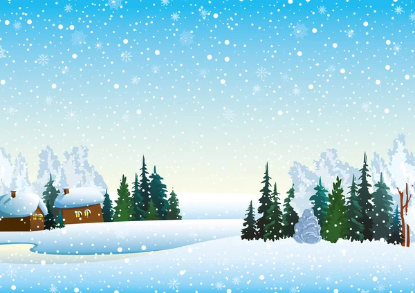Paysage hivernal avec forêt et maisons — Image vectorielle