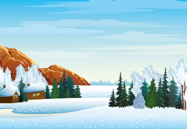 Zimowy pejzaż z wieś, Las i góry — Wektor stockowy
