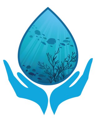 Drop of pure water with a picture of marine life in the hands clipart
