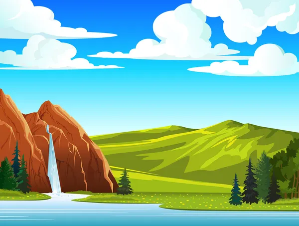 Letní krajina s vodopádem a kopce — Stockový vektor