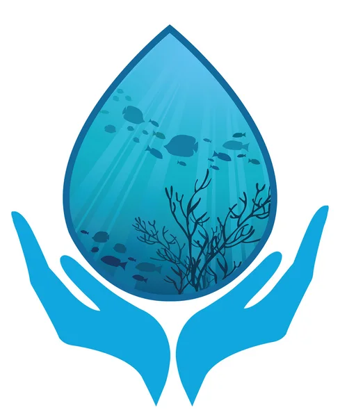 Gota de agua pura con una imagen de la vida marina en las manos — Vector de stock