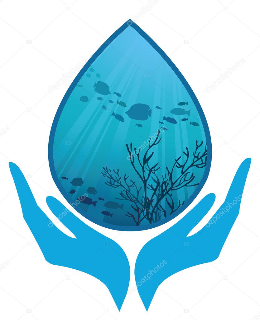 Drop of pure water with a picture of marine life in the hands