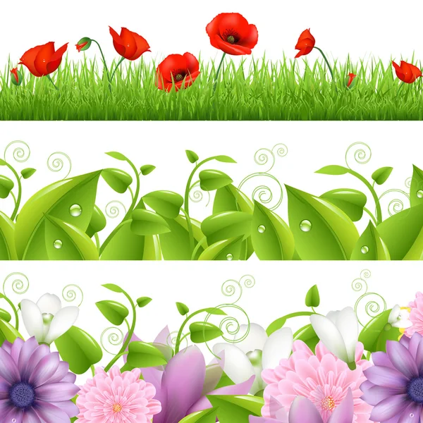 Fronteras con flores y hierba — Vector de stock