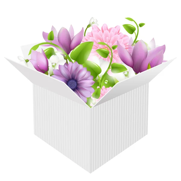 Scatola bianca con fiori di primavera — Vettoriale Stock