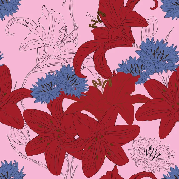Fond sans couture avec des fleurs brillantes lis et bleuets — Image vectorielle