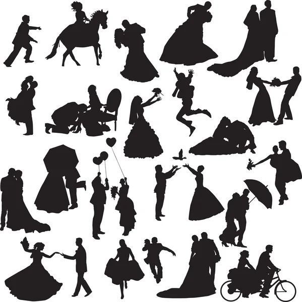 Silhouettes of wedding couples in different situations — Stock Vector