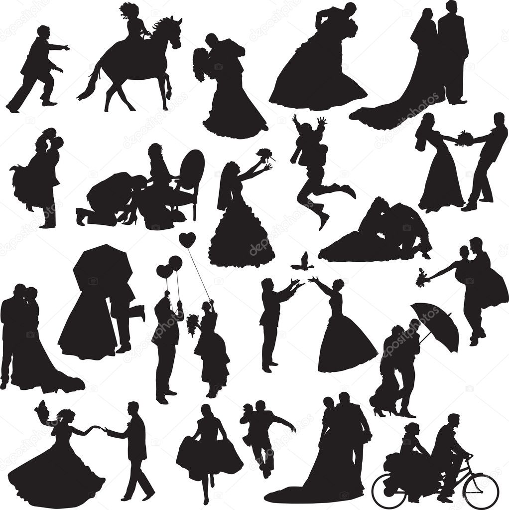 Silhouettes of wedding couples in different situations