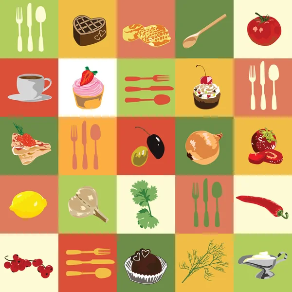 Háttérben a színes négyzetek élelmiszer-összetevőkkel kombinálják — Stock Vector