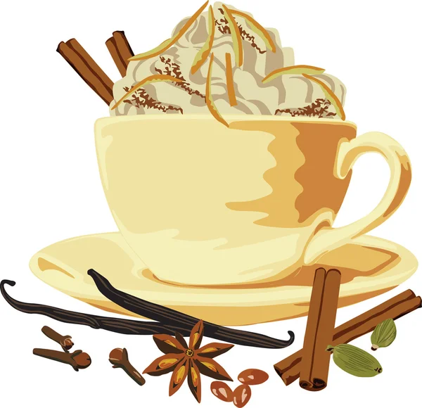 Cup of coffee with cream and spices — Stock Vector