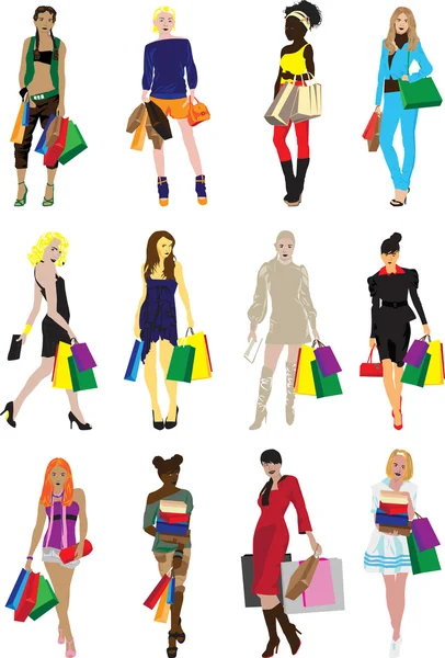 Many girls with shopping — Stock Vector