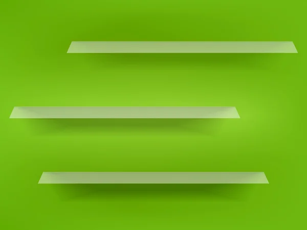 Three plastic shelves on green wall — Stock Vector