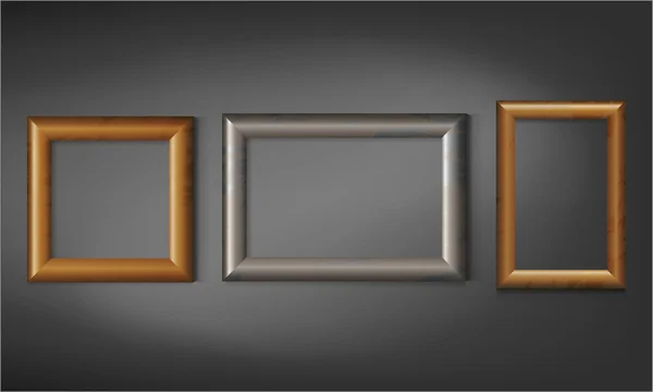 Set of three wooden photo frames on wall — Stock Vector
