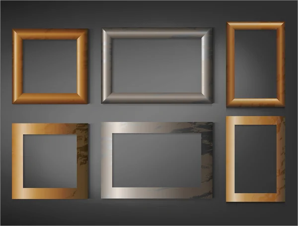 Set of six wooden photo frames on wall — Stock Vector