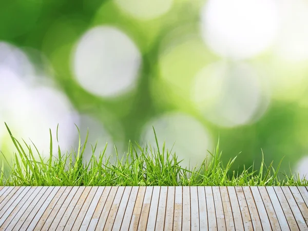 Grünes Gras mit Holzsteg über dem sonnenbeschienenen Himmel — Stockfoto