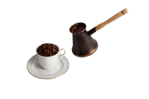 Cafetera taza de café y granos de café — Foto de Stock