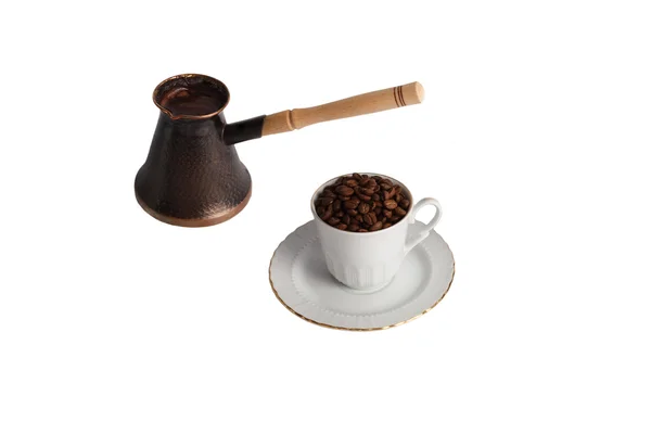 Caffettiera tazza di caffè e chicchi di caffè — Foto Stock