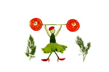 Healthy eating. Funny little man of the cucumber slices raises t clipart