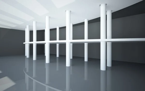 Ein abstraktes Interieur mit schwarzem Hochglanzboden und Balkon auf den weißen runden Säulen.. Gemeinschaft. — Stockfoto