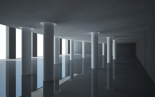 Un interior abstracto con un suelo brillante negro y balcón en las columnas redondas blancas.. comunidad . — Foto de Stock