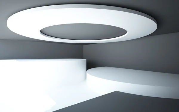 Un interno astratto con pareti nere, pavimenti e lampadario circolare bianco lucido — Foto Stock