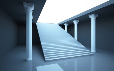 An abstract interior columned hall with stairs to the roof. clipart