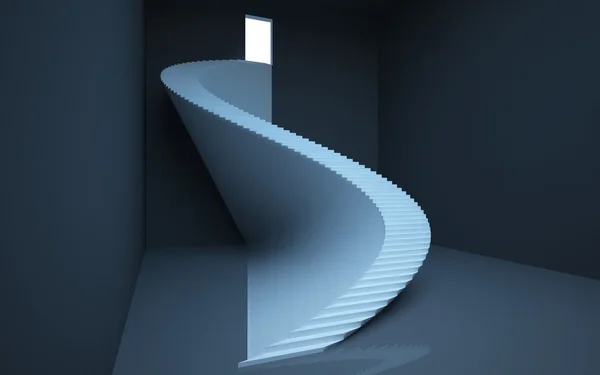 Resumen Espacio interior negro alto con una escalera curva que conduce a una puerta — Foto de Stock