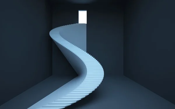 Absztrakt magas-fekete belső tér egy görbe lépcső vezet egy ajtó — Stock Fotó