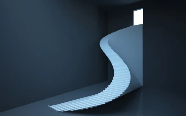 Abstracte hoge-zwart interieur ruimte met een kromme trap die leidt naar een deur — Stockfoto
