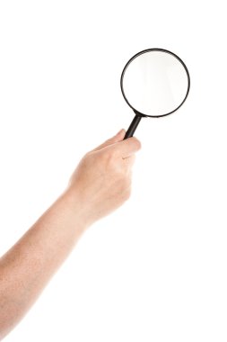 Hand holding magnifying glass clipart