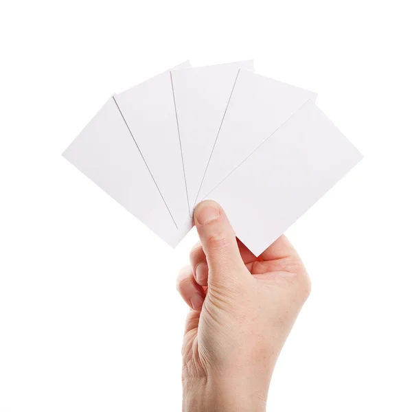 Papírové karty v ruce žena — Stock fotografie
