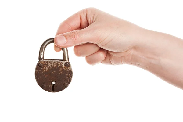 Hand holding old padlock — Stock Photo, Image