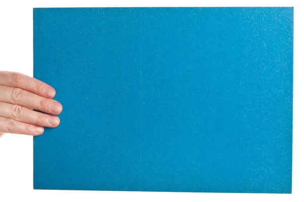 Modrý papír v ruce žena — Stock fotografie