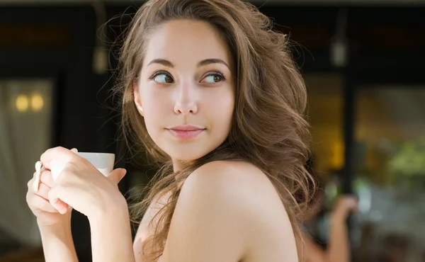Coffee fun brunette. — Stock Photo, Image