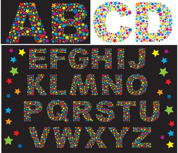 Alphabet - les lettres sont faites d'étoiles multicolores — Image vectorielle